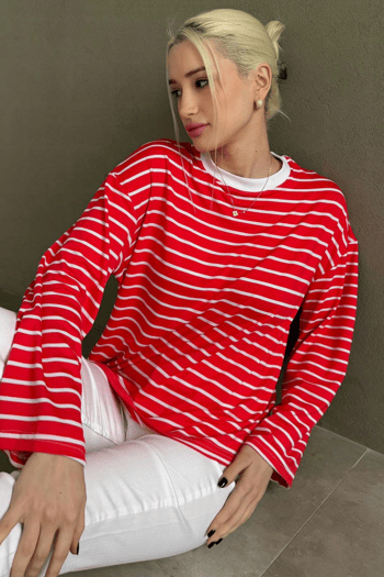 Kırmızı Bisiklet Yaka Çizgili Uzun Kollu Tişört MG2362