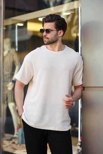 Madmext Ekru Bisiklet Yaka Oversize Erkek T-shirt E7134