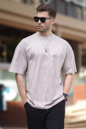 Bej Oversize Yırtık Deyatlı Pamuklu Tişört 7032