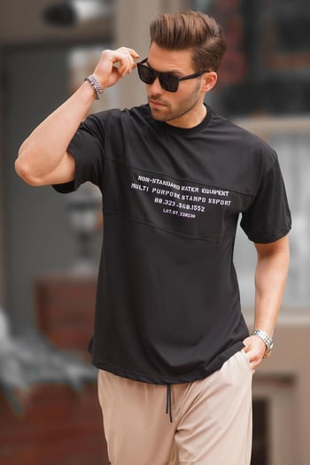 Siyah Oversize Bisiklet Yaka Baskılı Erkek Tişört 7018