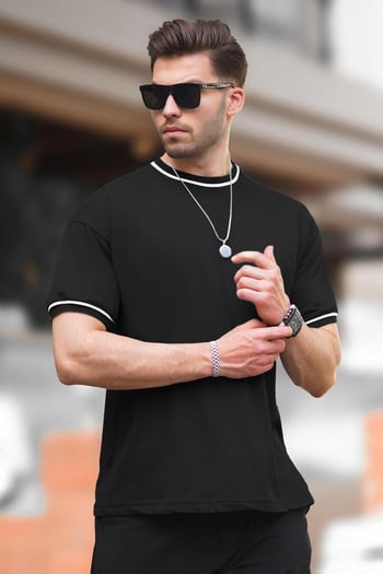 Siyah Bisiklet Yaka Kol Boyun Şeritli Overfit Tişört 7024