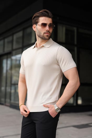 Taş Rengi Polo Yaka Triko Erkek Tişört E7461