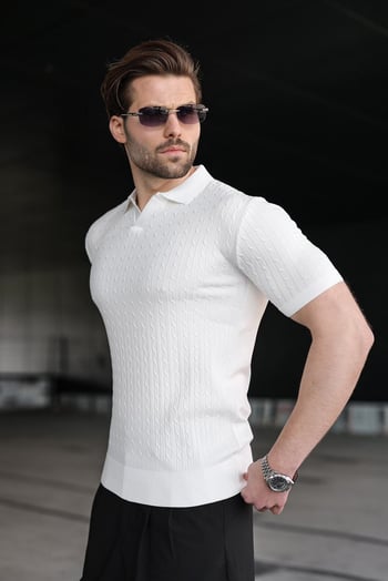 Beyaz Slim Fit Polo Yaka Triko Erkek Tişört E7472