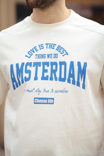 Madmext Ekru Baskılı Erkek Tişört E7124