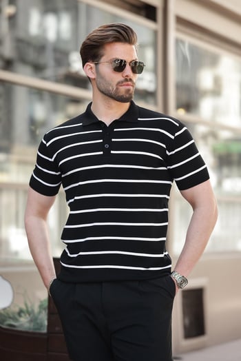 Siyah Çizgili Polo Yaka Triko Erkek T-shirt E7405
