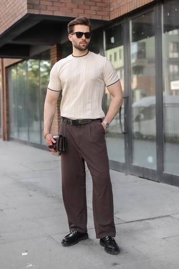 Taş Rengi Bisiklet Yaka Regular Fit Triko Erkek Tişört E7487