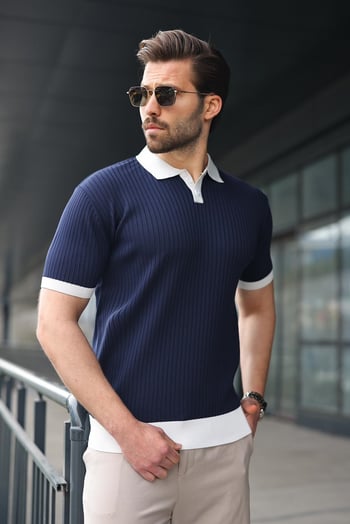 Lacivert Polo Yaka Triko Erkek Tişört E7471