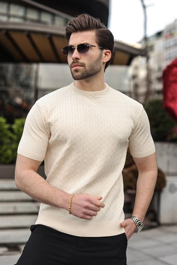 Taş Rengi Bisiklet Yaka Triko Erkek Tişört E7468