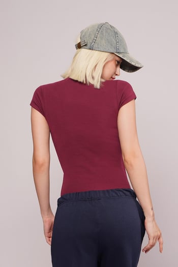 Bordo Bisiklet Yaka Basic Kadın T-shirt Mg2479