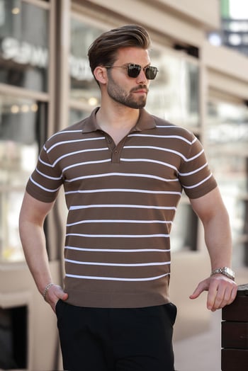 Vizon Çizgili Polo Yaka Triko Erkek T-shirt E7405