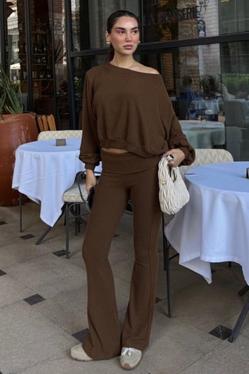 Kahverengi  Bluz Pantolon İkili Takım Mg2289