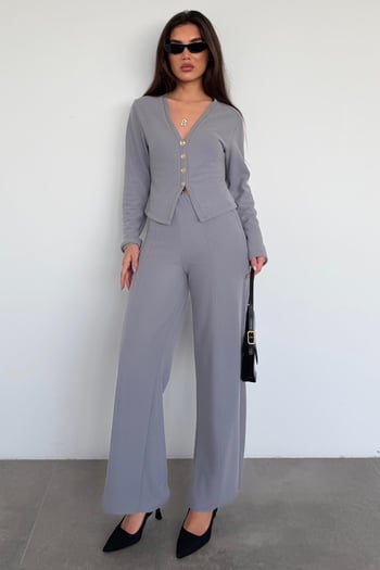 Füme Düğmeli Yumuşak Dokunuşlu İkili Hırka Pantolon Takım MG2651