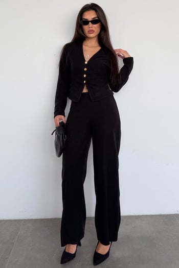 Siyah Düğmeli Yumuşak Dokunuşlu İkili Hırka Pantolon Takım MG2651