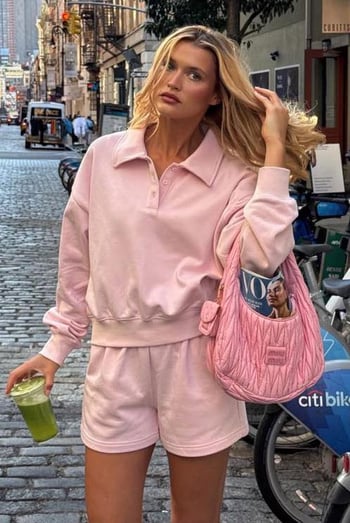 Pembe Polo Yaka Kadın Şort Sweatshirt Takım Mg2375