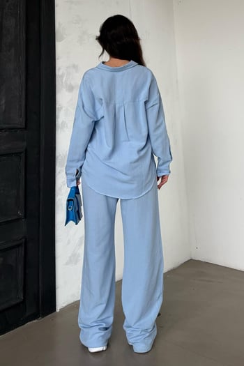 Bebe Mavisi  Keten Kadın Gömlek Pantolon İkili Takım Mg2356
