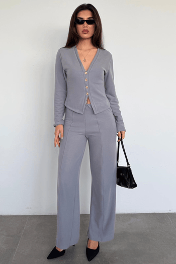 Füme Düğmeli Yumuşak Dokunuşlu İkili Hırka Pantolon Takım MG2651