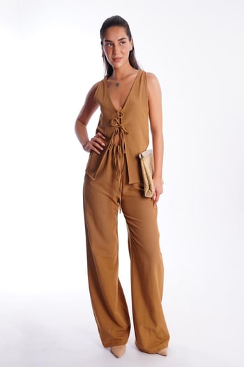 Camel Önü Bağlamalı Yelek Pantolon Kadın Takım Mg2403