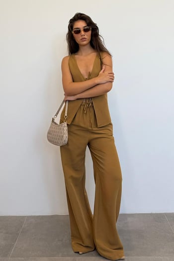 Camel Önü Bağlamalı Yelek Pantolon Kadın Takım Mg2403