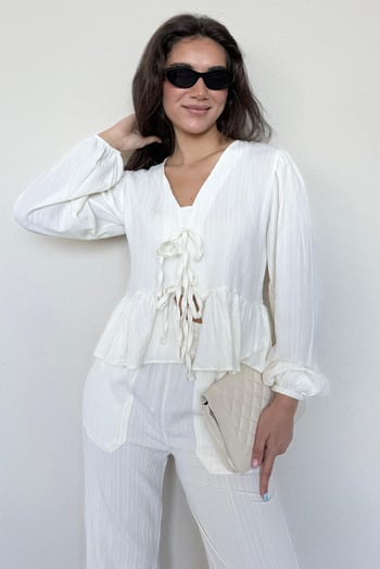 Ekru Önü Bağlamalı Bluz Pantolon Takımı MG2343