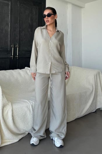 Boyalı Gri Uzun Kollu Çizgili Gömlek Pantolon İkili Takım MG2329