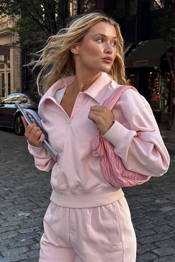 Pembe Polo Yaka Kadın Şort Sweatshirt Takım Mg2375
