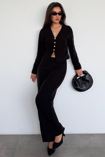 Siyah Düğmeli Yumuşak Dokunuşlu İkili Hırka Pantolon Takım MG2651