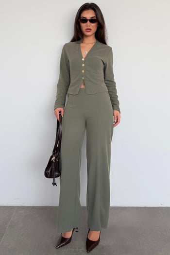 Haki Düğmeli Yumuşak Dokunuşlu İkili Hırka Pantolon Takım MG2651