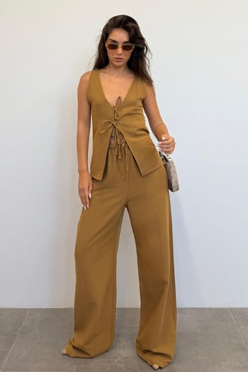 Camel Önü Bağlamalı Yelek Pantolon Kadın Takım Mg2403