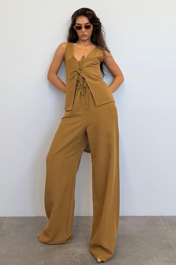 Camel Önü Bağlamalı Yelek Pantolon Kadın Takım Mg2403