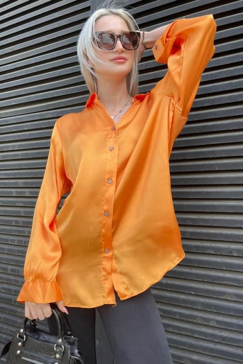Turuncu Basic Kadın Saten Gömlek MG1326