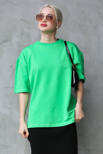 Yeşil Bisiklet Yaka Basic Oversize T-shirt MG1687