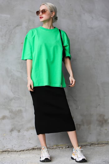 Yeşil Bisiklet Yaka Basic Oversize T-shirt MG1687