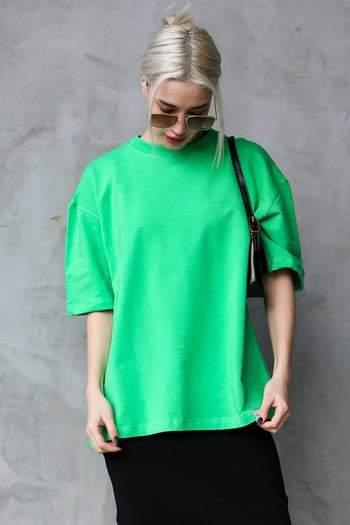 Yeşil Bisiklet Yaka Basic Oversize T-shirt MG1687