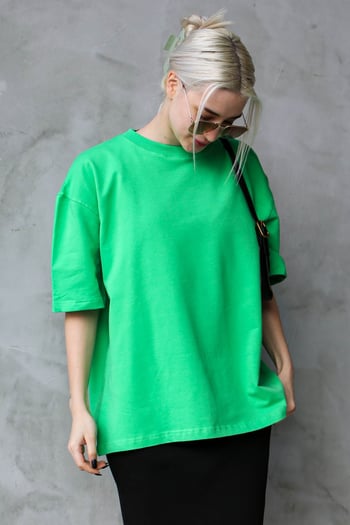 Yeşil Bisiklet Yaka Basic Oversize T-shirt MG1687