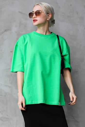 Yeşil Bisiklet Yaka Basic Oversize T-shirt MG1687
