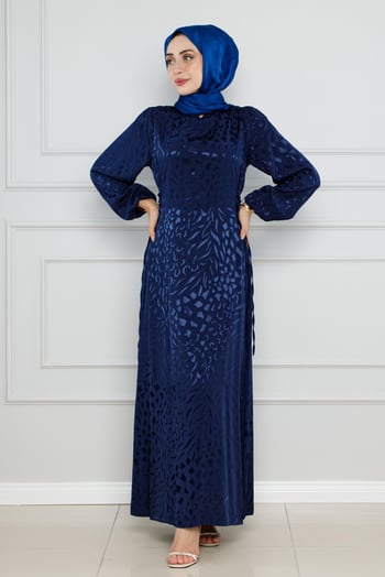 Satin hijabi evening dress-dark bleu color