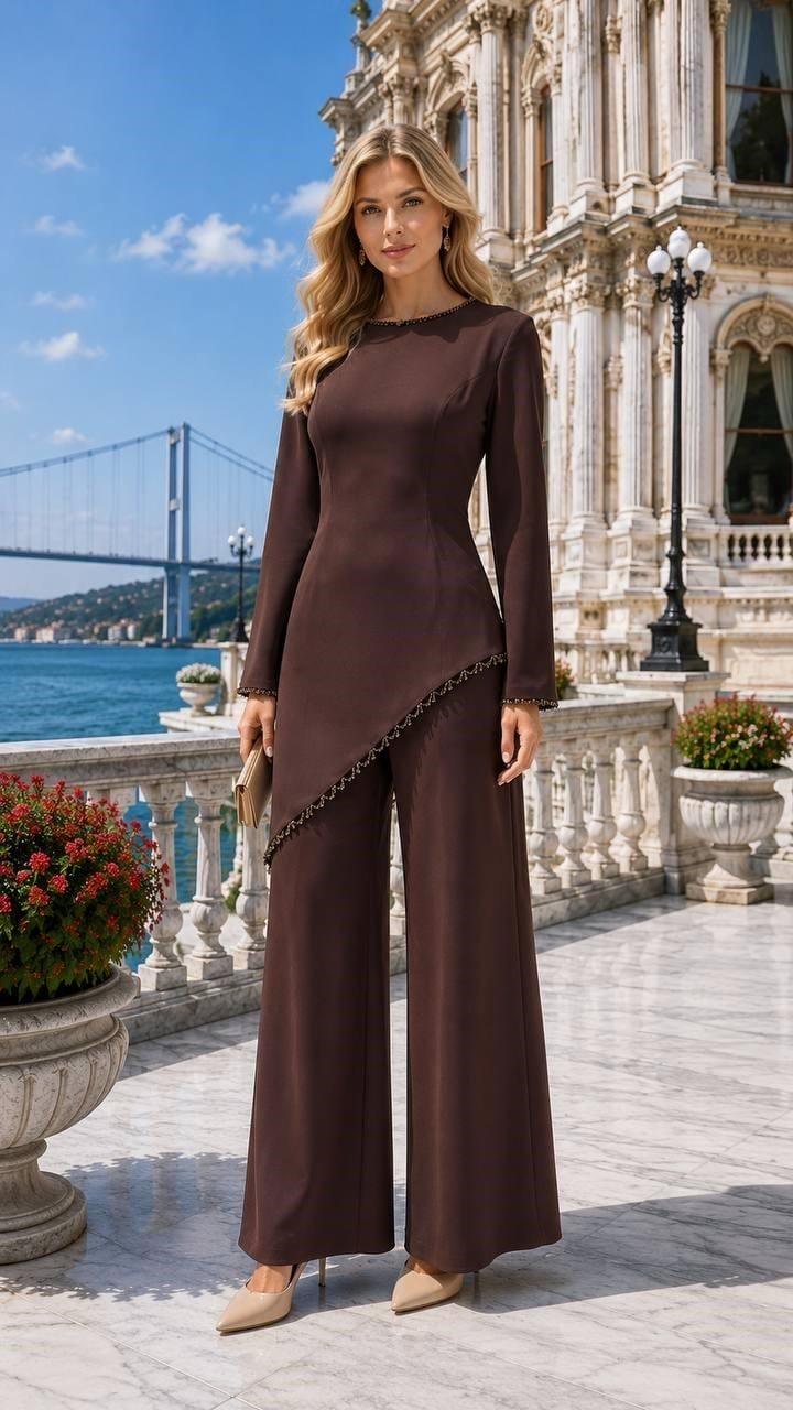 Asimetreik kesim taşlı Pantalonlu Takım