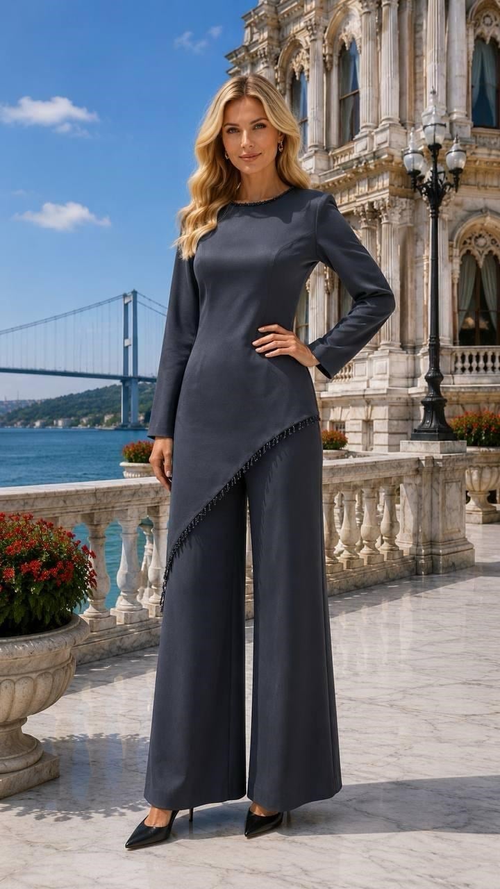 Asimetreik kesim taşlı Pantalonlu Takım