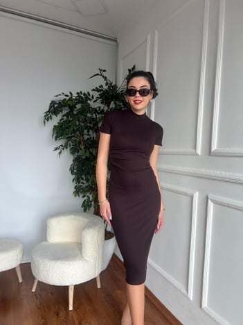 Streç Örme Midi Elbise 91297 Koyu Kahve