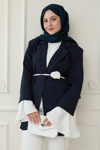 Çizgili Kolları Volanlı Lacivert Blazer Ceket