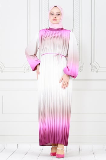 Pleated marble hijab dress - fushsia color