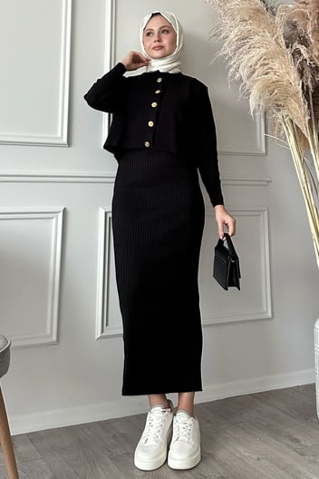 Cardigan Ribbed Two-Piece Black Knit Set