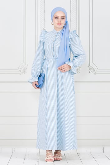 Cotton dress with ruffle details - baby blue