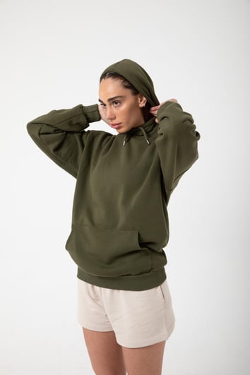 Haki Unisex Rahat Kalıp Kapuşonlu Hoodie