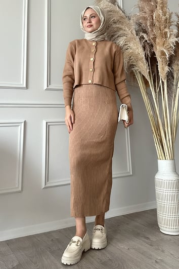 Cardigan Ribbed Two-Piece Beige Knit Set
