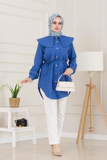 Beli Bağcık Detaylı Geniş Yaka Tunik-İndigo
