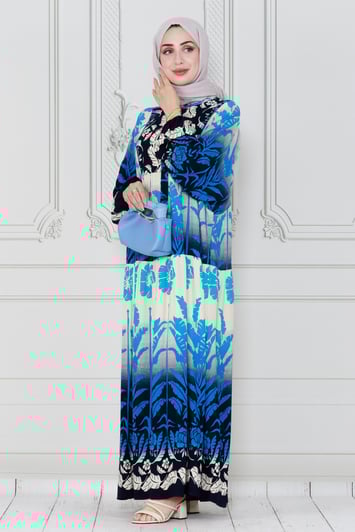 Leaf printed viscose dress-dark bleu color
