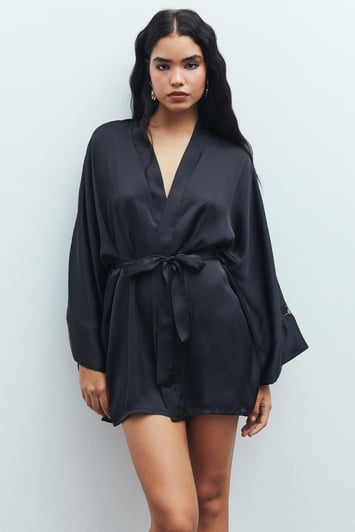 Fumée Siyah Kısa Saten Sabahlık / Kimono