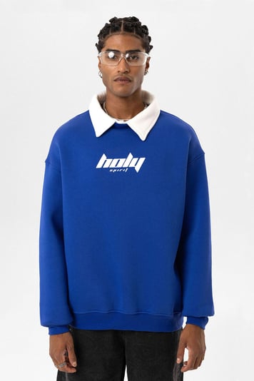 Polo Yaka Oversize Baskılı Sweatshirt Saks