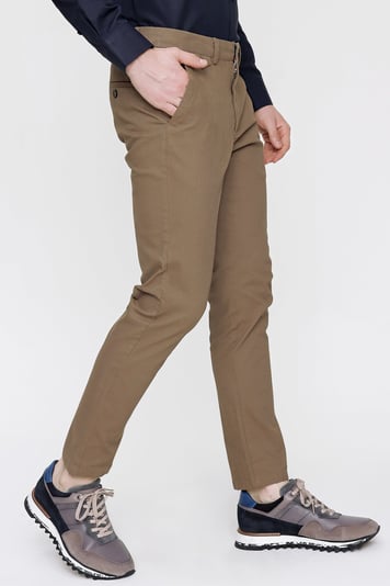  Morven Erkek Kahverengi Pamuklu Slim Fit Yan Cep Keten Pantolon